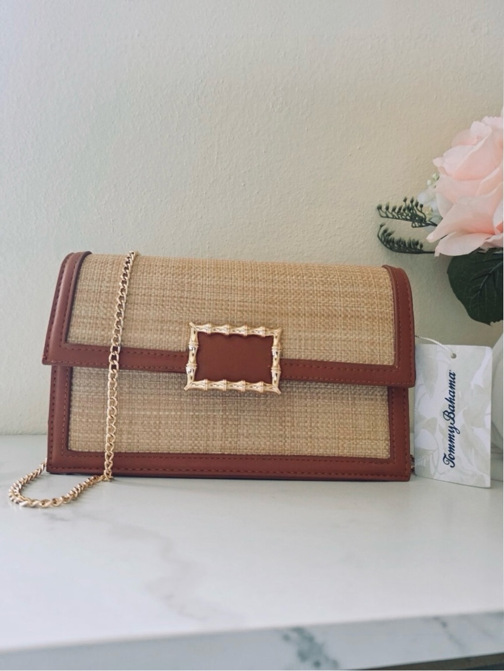 NWT Tommy Bahama Woven Natural Raffia Satchel Crossbody Bag Cognac Leather Gold - Picture 14 of 16